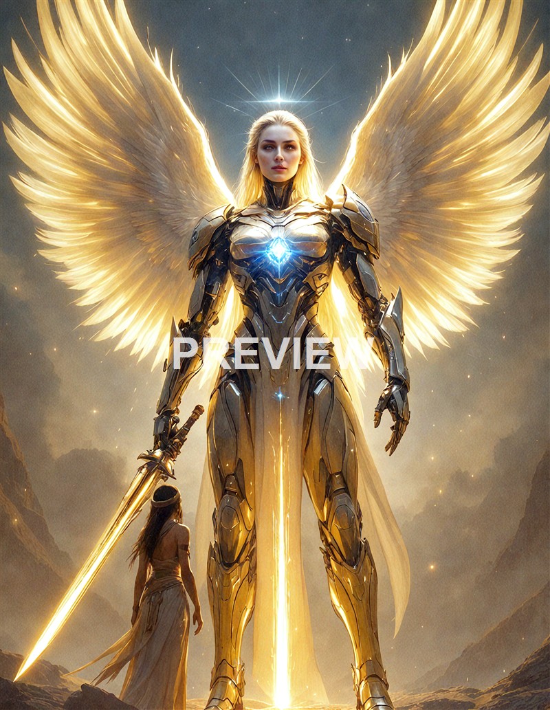 A female angelic warrior with glowing golden wings, clad in intricate armor, holding a sword, and standing before a glowing celestial background with a smaller figure at her feet.
